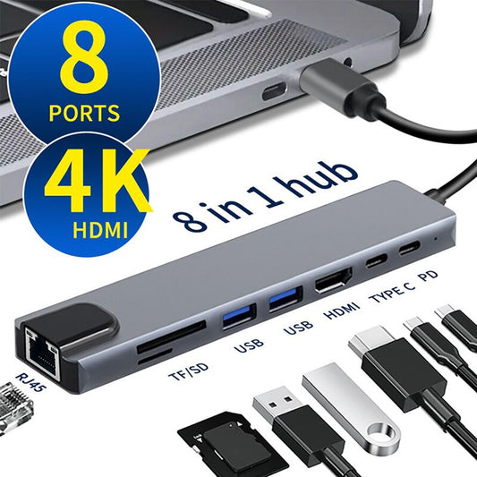 Dock USB-C Adapter 4K 8 en 1 avec HDMI compatible Windows et Mac